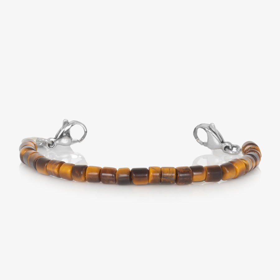 Barrel tiger eye beaded bracelet with stainless steel lobster clasps at each end.