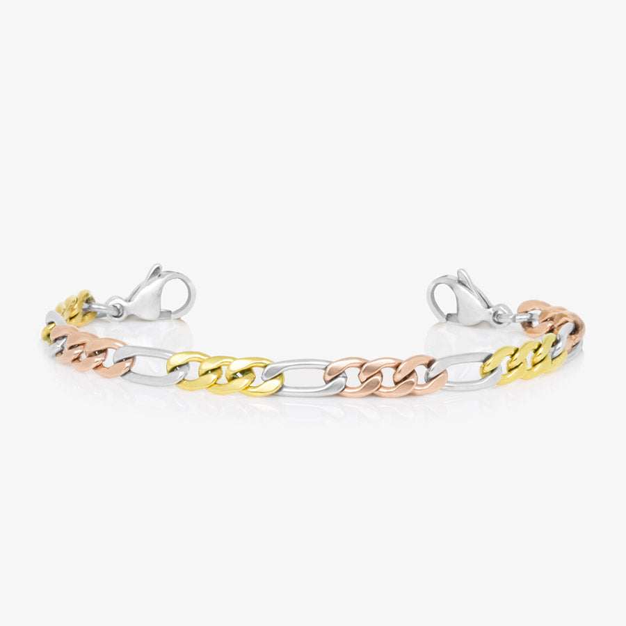 Mixed metal stainless steel figaro chain bracelet with silver, rose gold, and gold tones with stainless steel lobster clasps at each end of the bracelet.