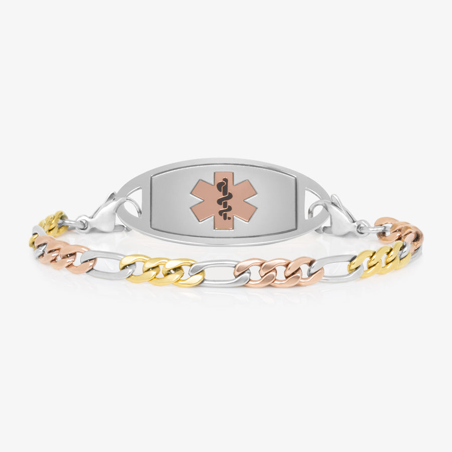 Mixed metal stainless steel figaro chain bracelet with silver, rose gold, and gold tones paired with a decorative rose gold tone stainless steel med ID tag