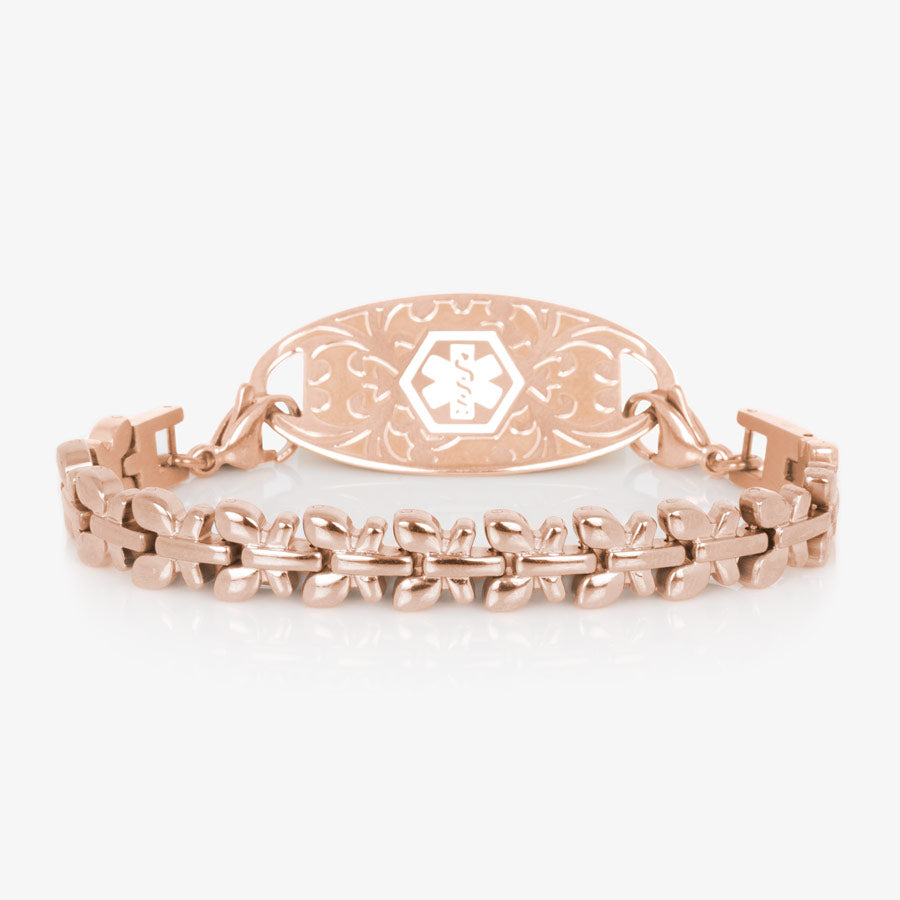 Rose gold tone stainless steel butterfly shaped medical ID bracelet with rose gold tone medical ID tag