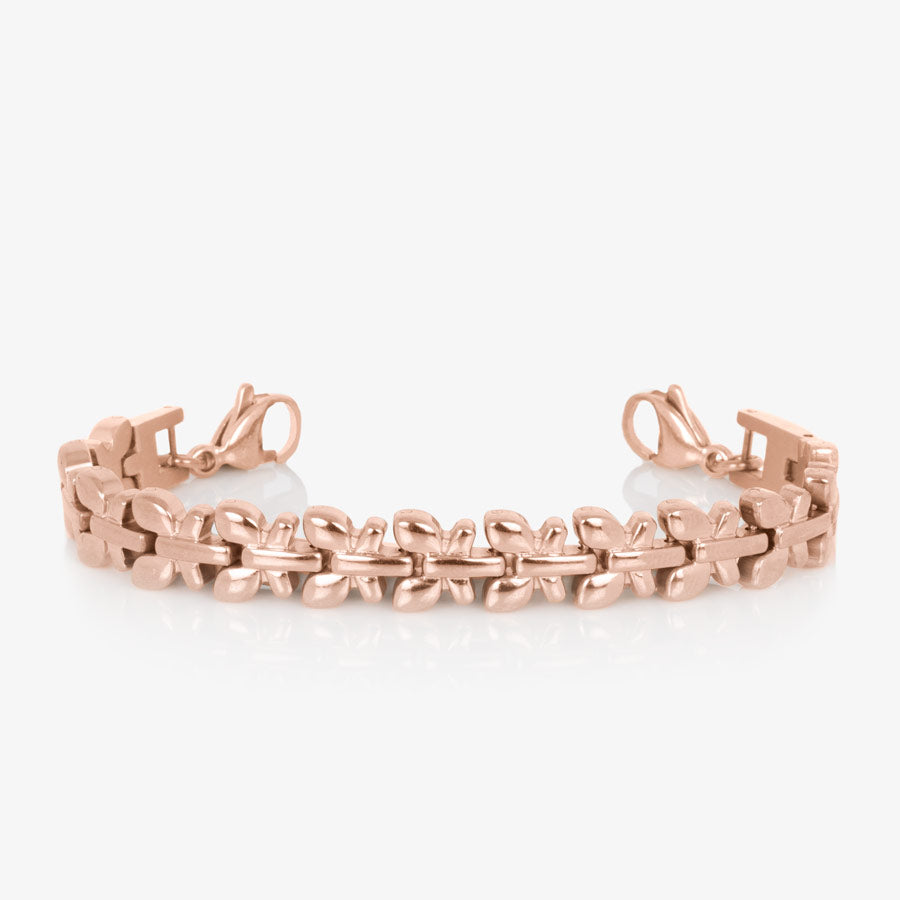 Rose gold tone stainless steel butterfly shaped medical ID bracelet with rose gold tone stainless steel lobster clasps at each end.