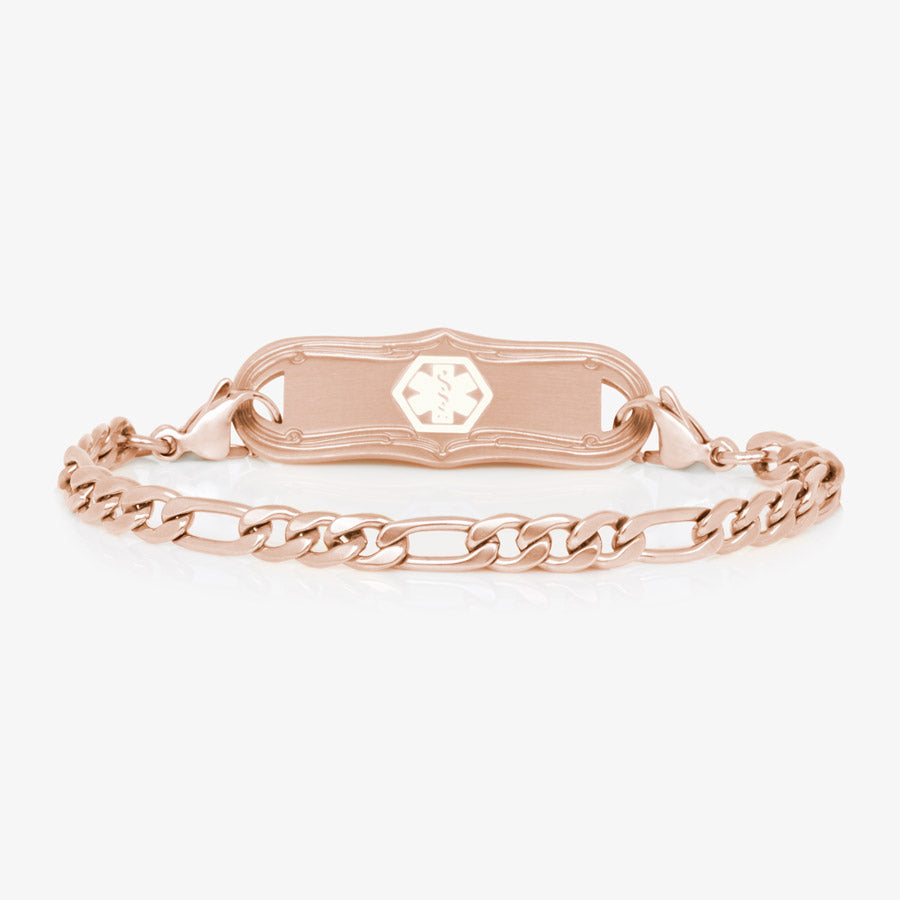 Delicate rose gold small figaro cuban chain with decorative medical ID tag in rose gold