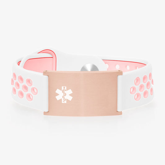 White and peach silicone medical ID bracelet band with perforations and rose gold tag