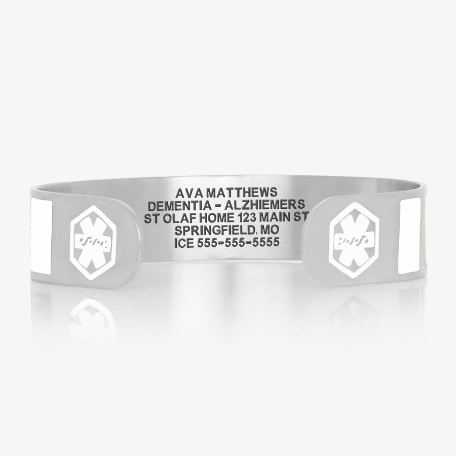 Medical ID cuff in silver with white medical caduceus symbols