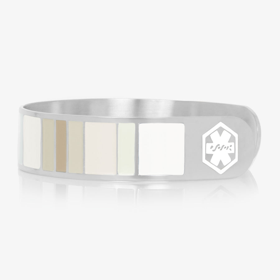 Side view of color block medical ID cuff bracelet with brown, tan, and cream inlay