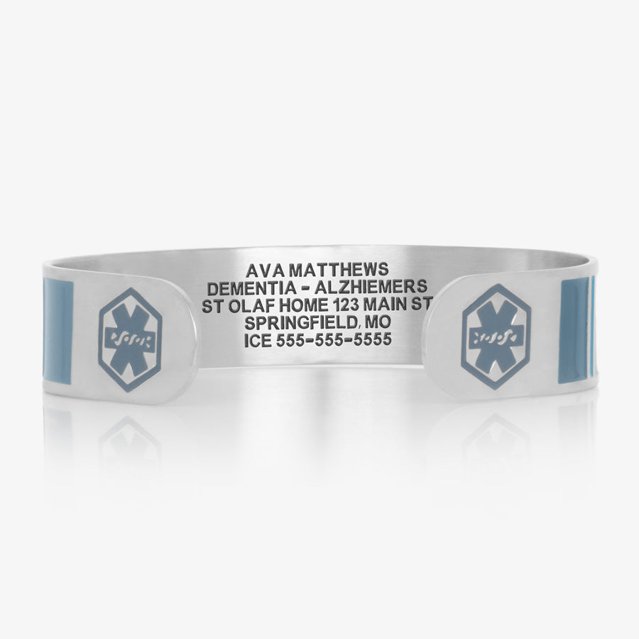 Medical ID bracelet cuff with custom laser engraving and blue medical caduceus symbols