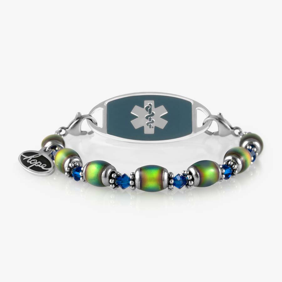 Color changing mood bead medical ID bracelet with blue sapphire medical ID tag