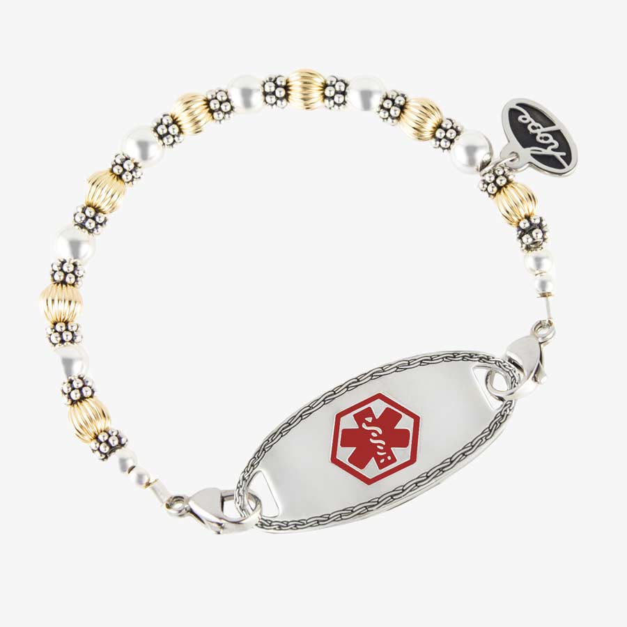 Gold and Silver Balis Stretch Medical ID Bracelet. Sterling silver balis, 14-karat gold- or silver-filled rounds, Hope charm shown with stainless ID tag