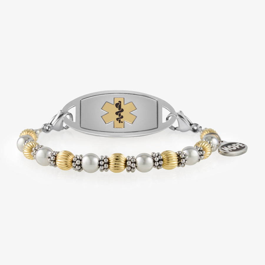 Gold and silver balis beads on stretch medical ID bracelet with silver and gold medical ID tag