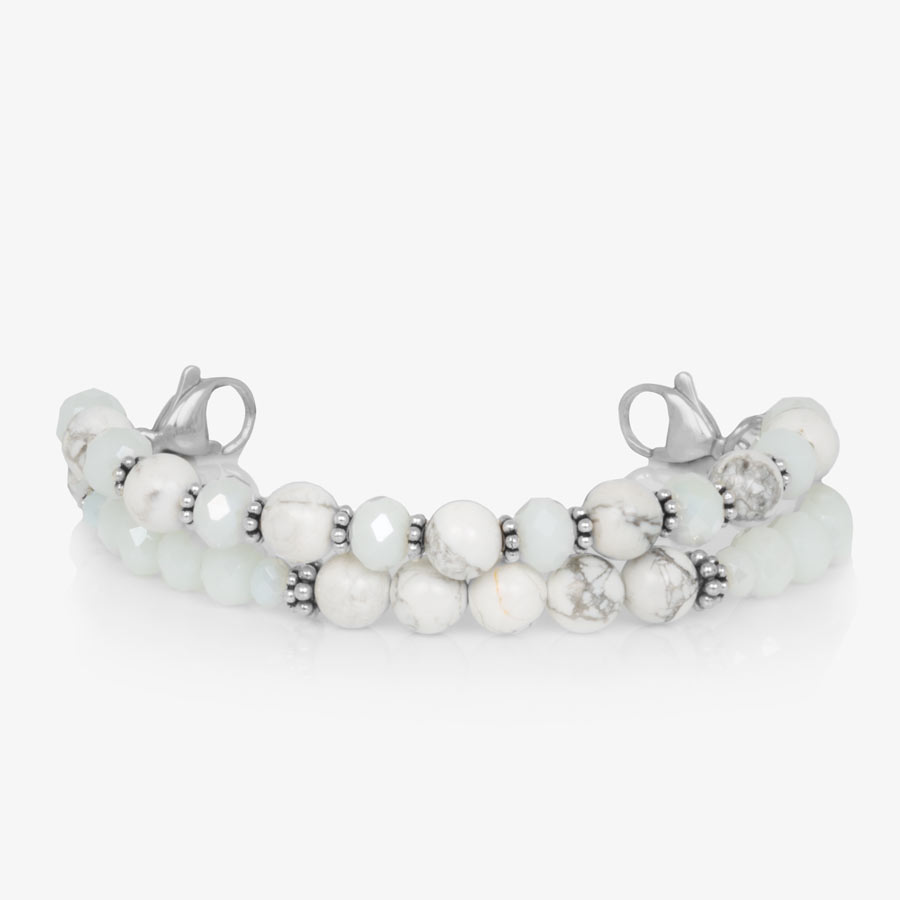 Moonstone, crystal, and white jade two strand beaded stretch medical ID bracelet paired with stainless steel lobster clasps at each end.