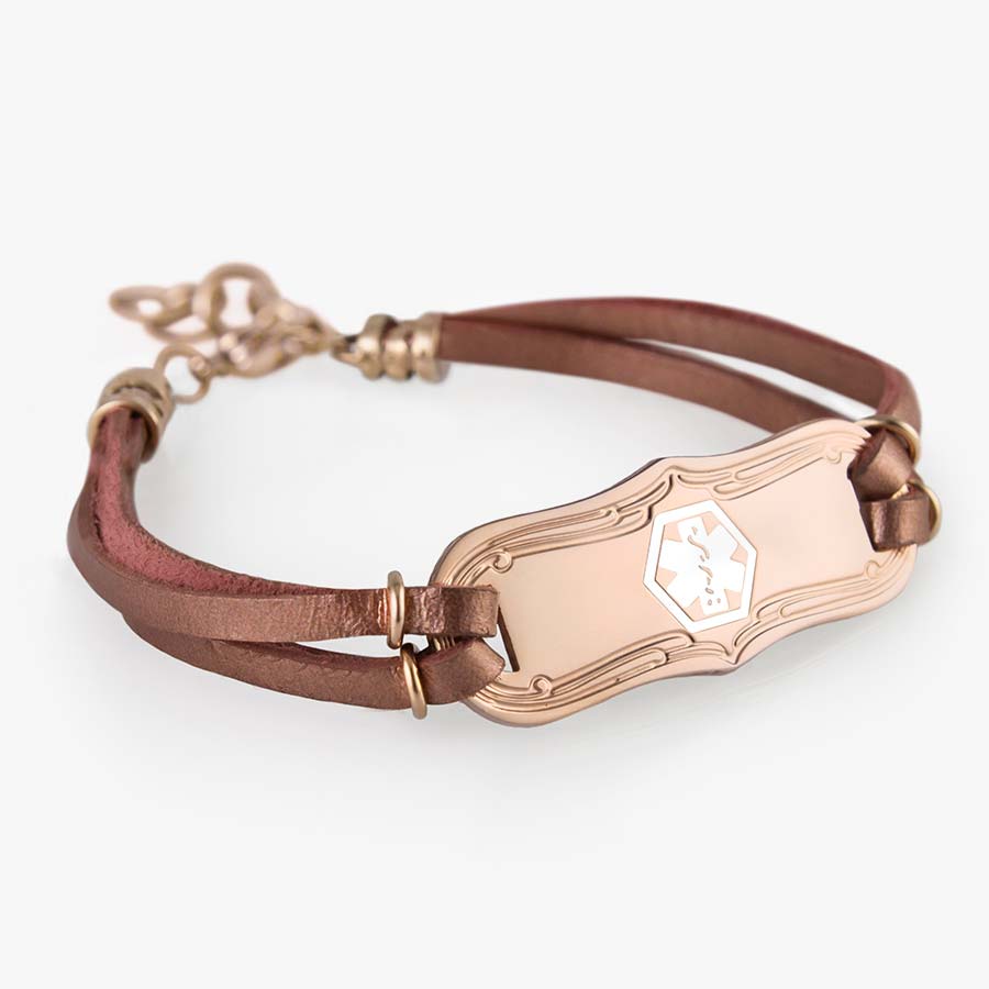 SmartSize Medical ID Bracelet with copper tone leather bands and adjustable chain. Rose tone La Petite med ID tag