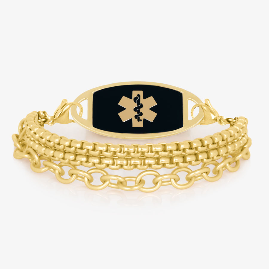 Three strand gold tone chain medical ID bracelet with decorative gold tone stainless steel med ID tag with black inlay and gold symbol