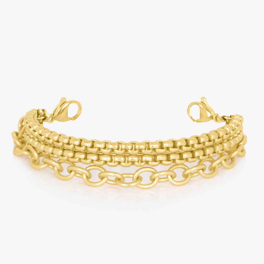 Three strand gold tone chain medical ID bracelet with gold tone stainless steel lobster clasps at each end of the bracelet.