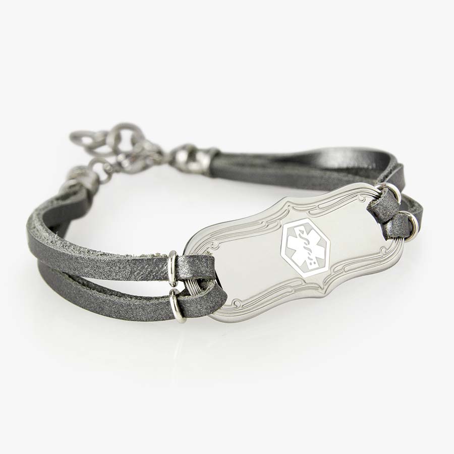 Medical ID bracelet with silver leather and La Petite medical ID tag with white medical symbol