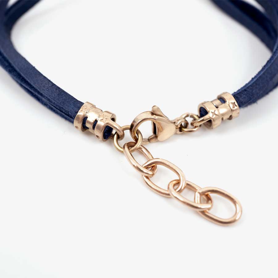 Adjustable rose gold clasp on blue suede medical ID bracelet for women