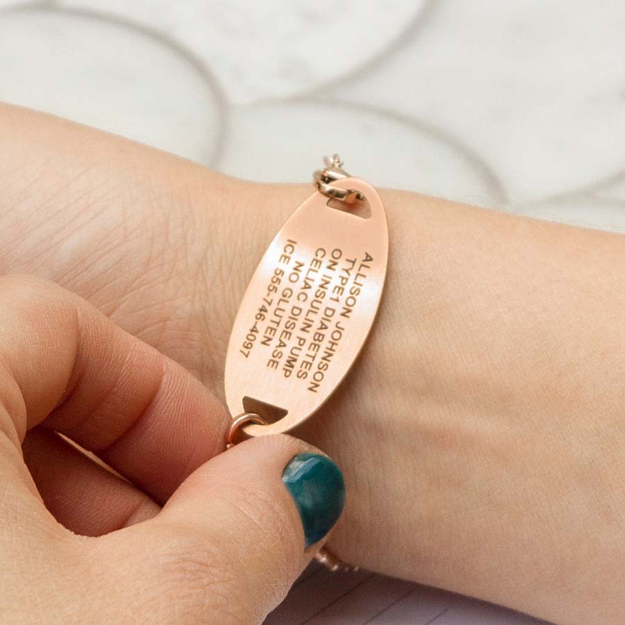 Custom laser engraved rose gold medical alert tag