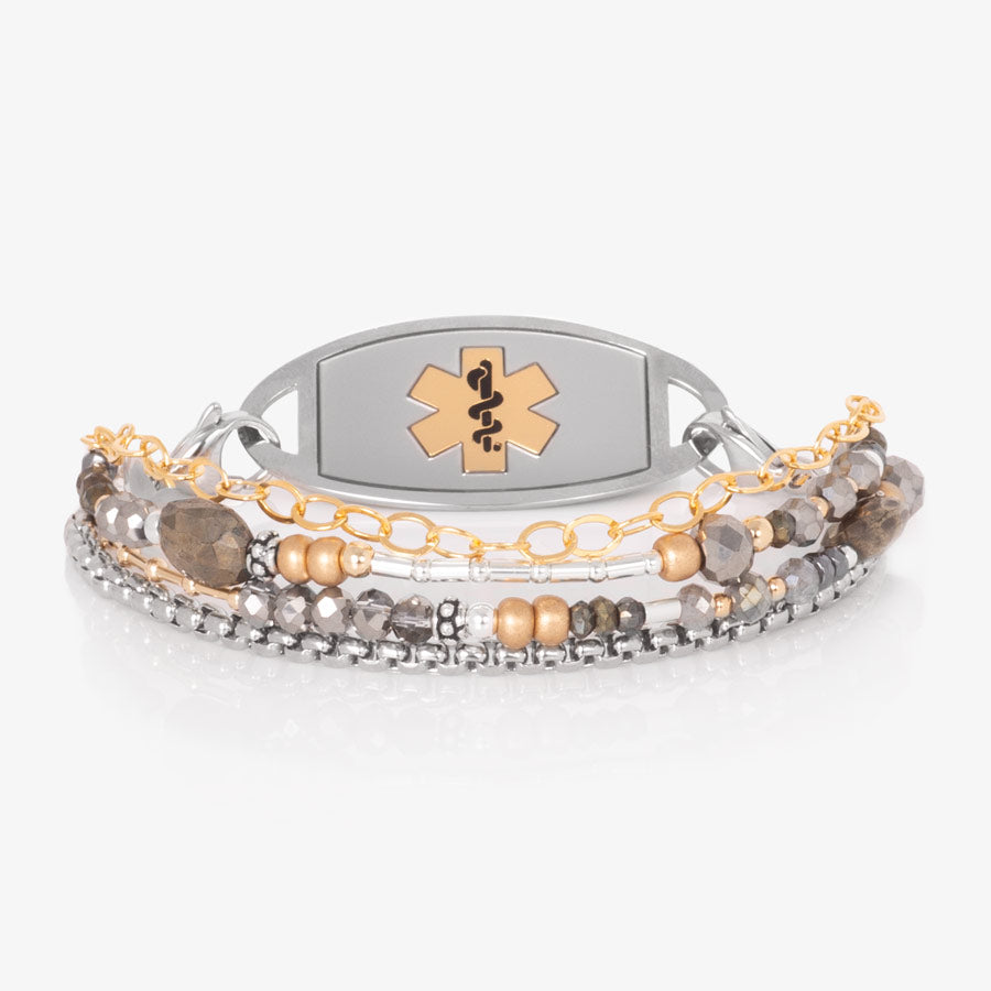 Beaded medical alert bracelet with gold and silver bead accents