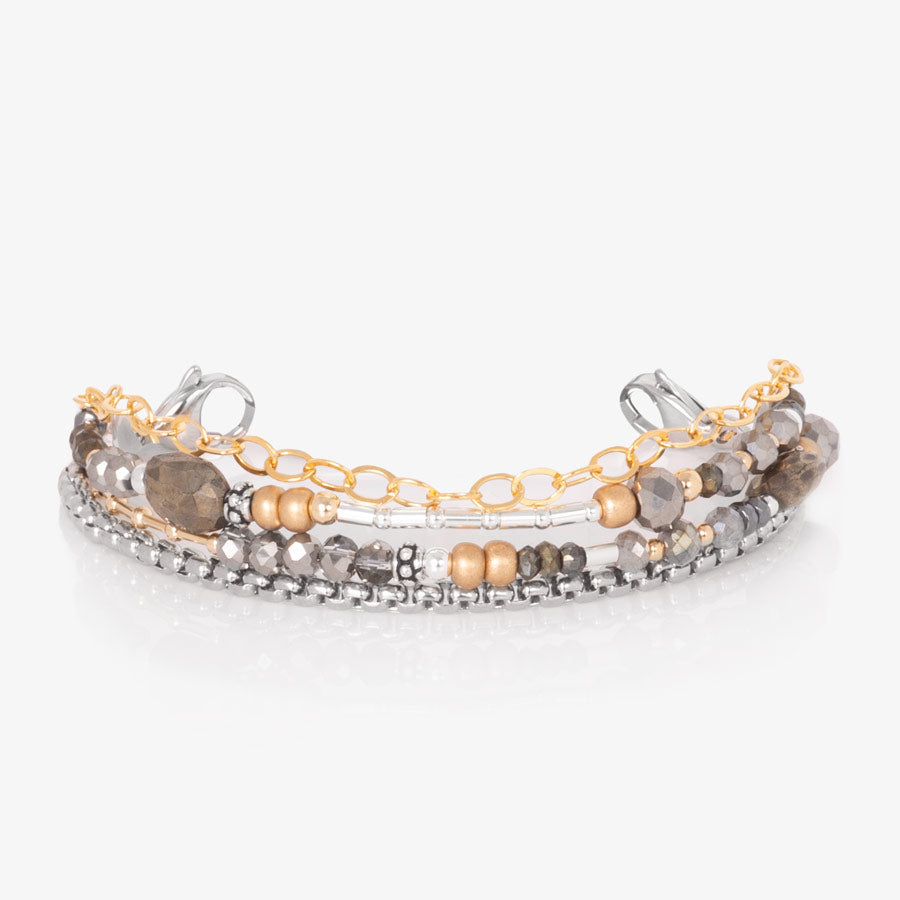 Medical alert bracelet with gold and silver beads and multiple strands