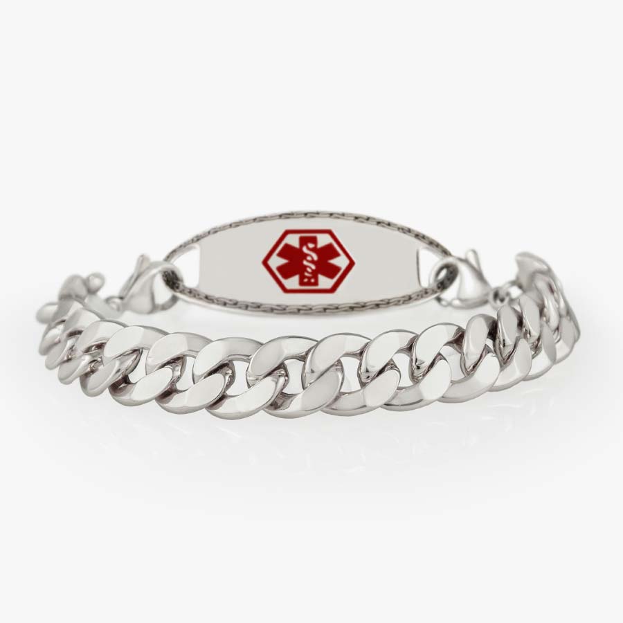 Front side of sterling silver faceted curb chain medical alert bracelet with medical ID tag