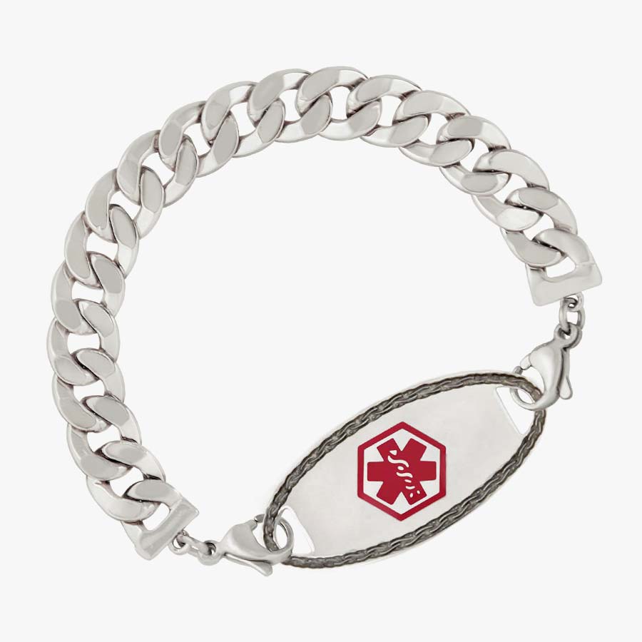 Sterling silver faceted curb chain interchangeable medical alert bracelet with silver tone medical alert tag