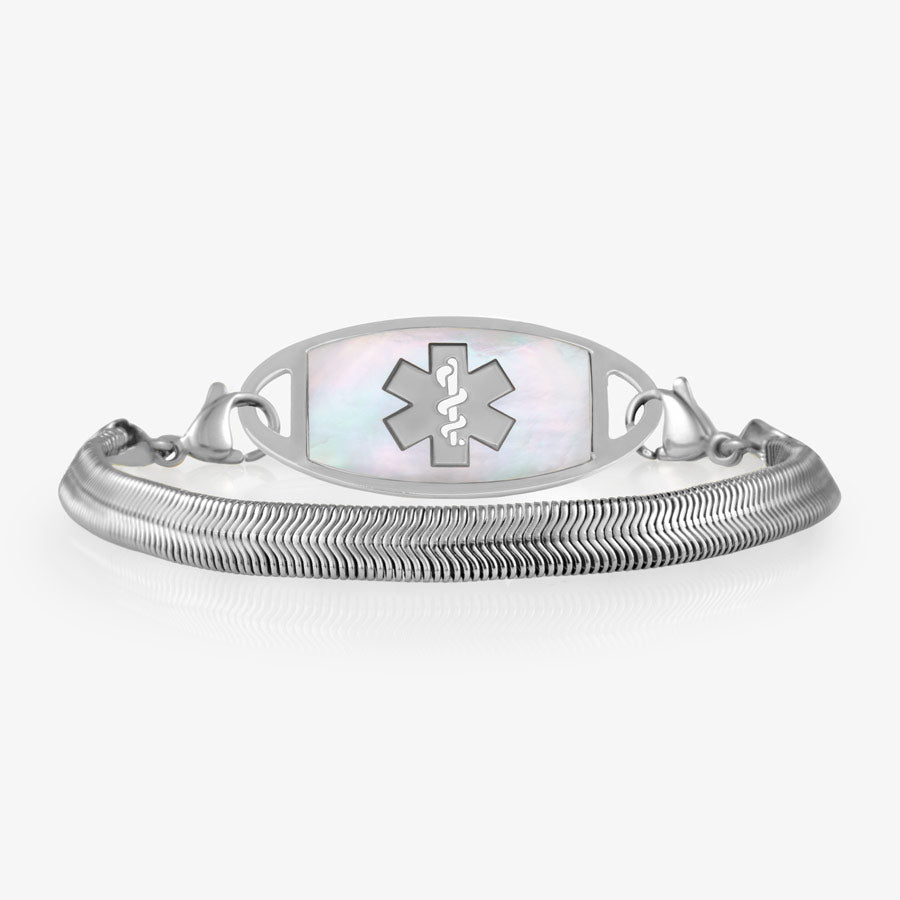 Snake chain medical ID bracelet with herringbone pattern and mother of pearl medical ID tag