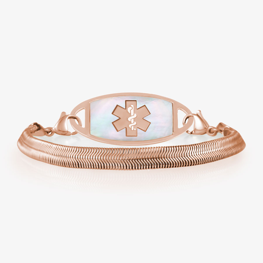 Snake chain medical ID bracelet with rose gold herringbone pattern and mother of pearl medical ID tag