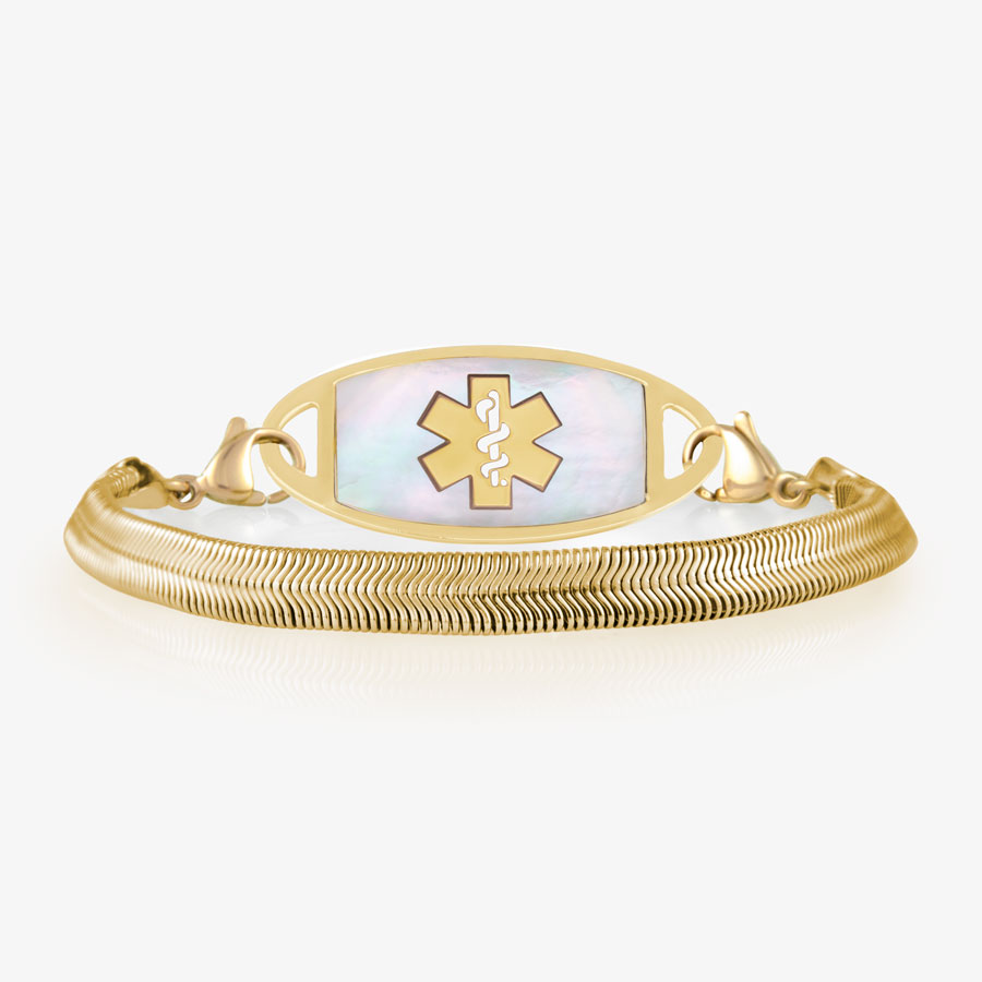 Snake chain medical ID bracelet with gold herringbone pattern and mother of pearl medical ID tag