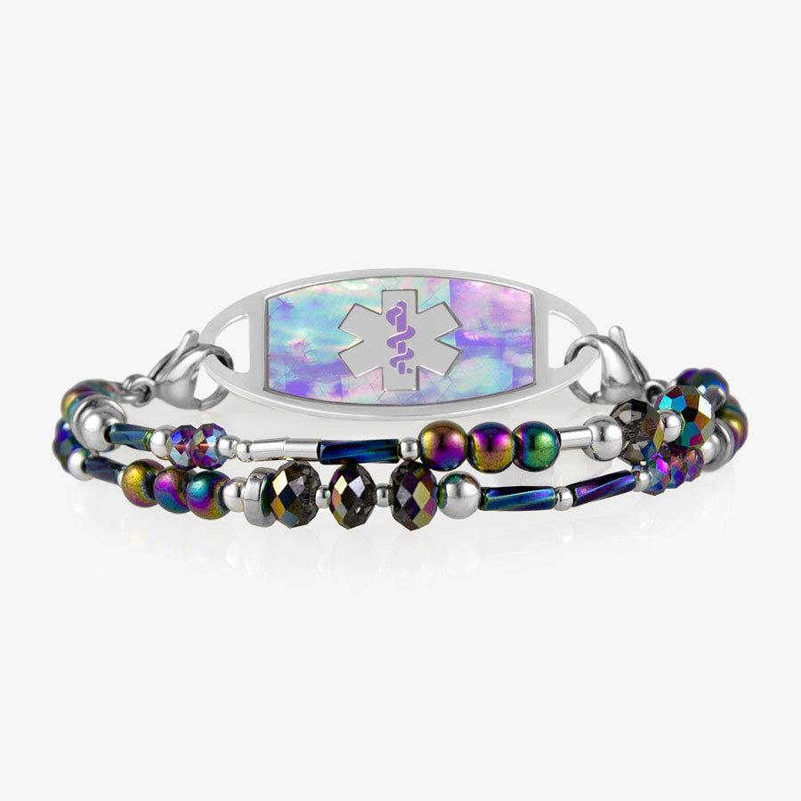 Beaded medical alert bracelet with color-shifting beads and decorative medical alert tag