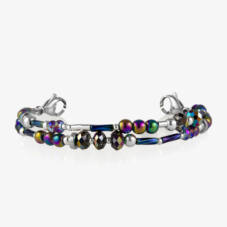 Beaded medical ID bracelet with color shifting beads and silver beaded accents