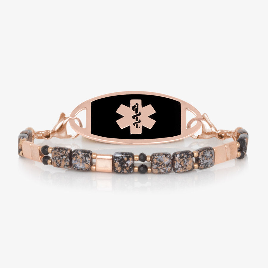 Rose gold beaded medical alert bracelet with black tube beads