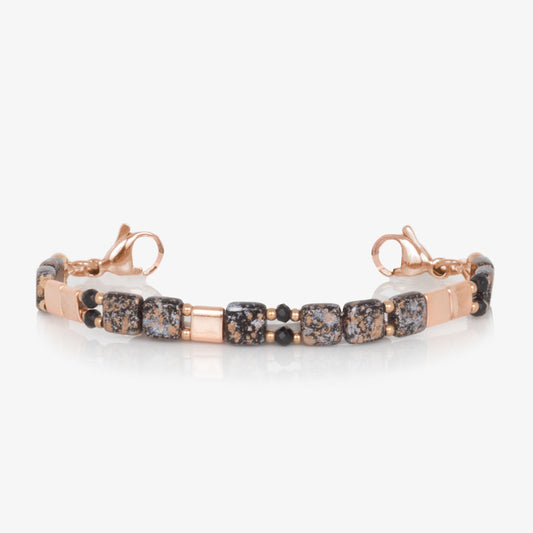 Stretchy medical alert bracelet in rose gold with black and crystal beads