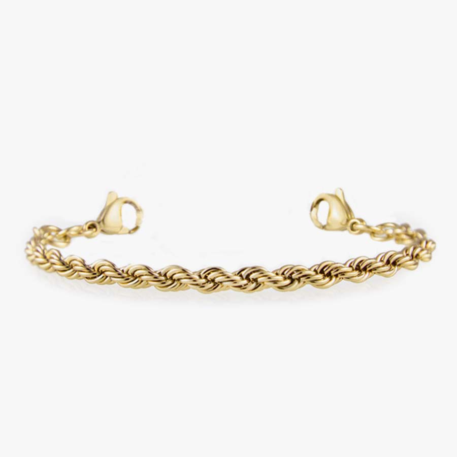 12 karat gold plated rope chain medical alert bracelet with gold tone stainless steel lobster clasps on each end. 