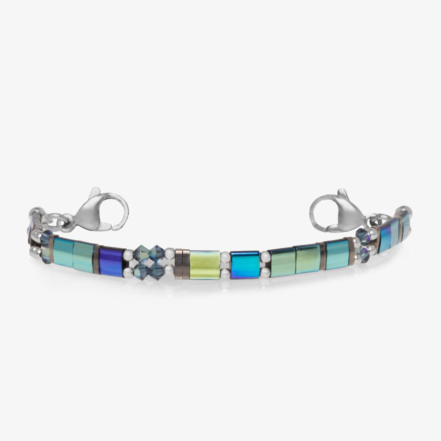 Blue, green and silver metallic beads with stainless steel lobster clasps.