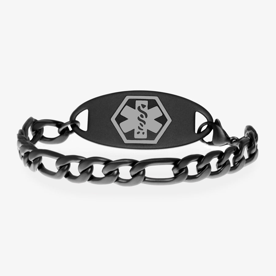 Vintage black chain medical alert bracelet with attached black and charcoal medical ID tag all in a sandblasted finish