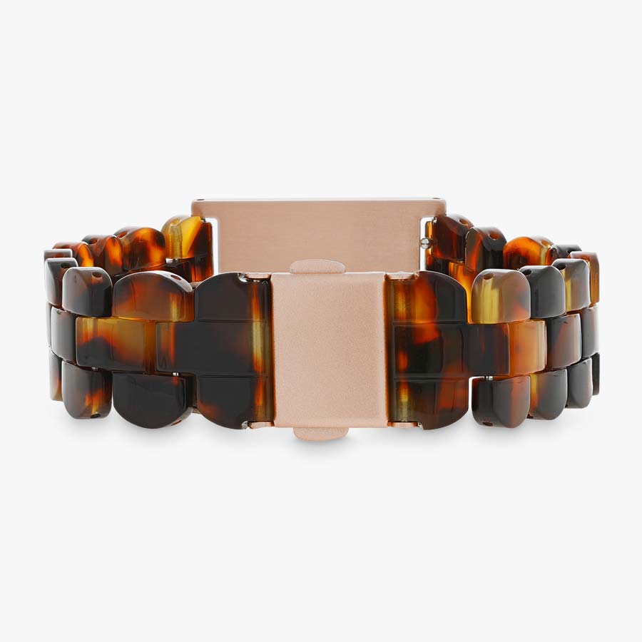 Back clasp of Soho Resin Medical ID Bracelet with tortoiseshell resin band and rose gold ID tag.