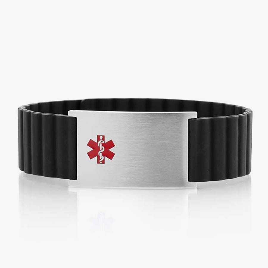 Low front angle of black silicone, magnetic band with a silver tag and red caduceus symbol.