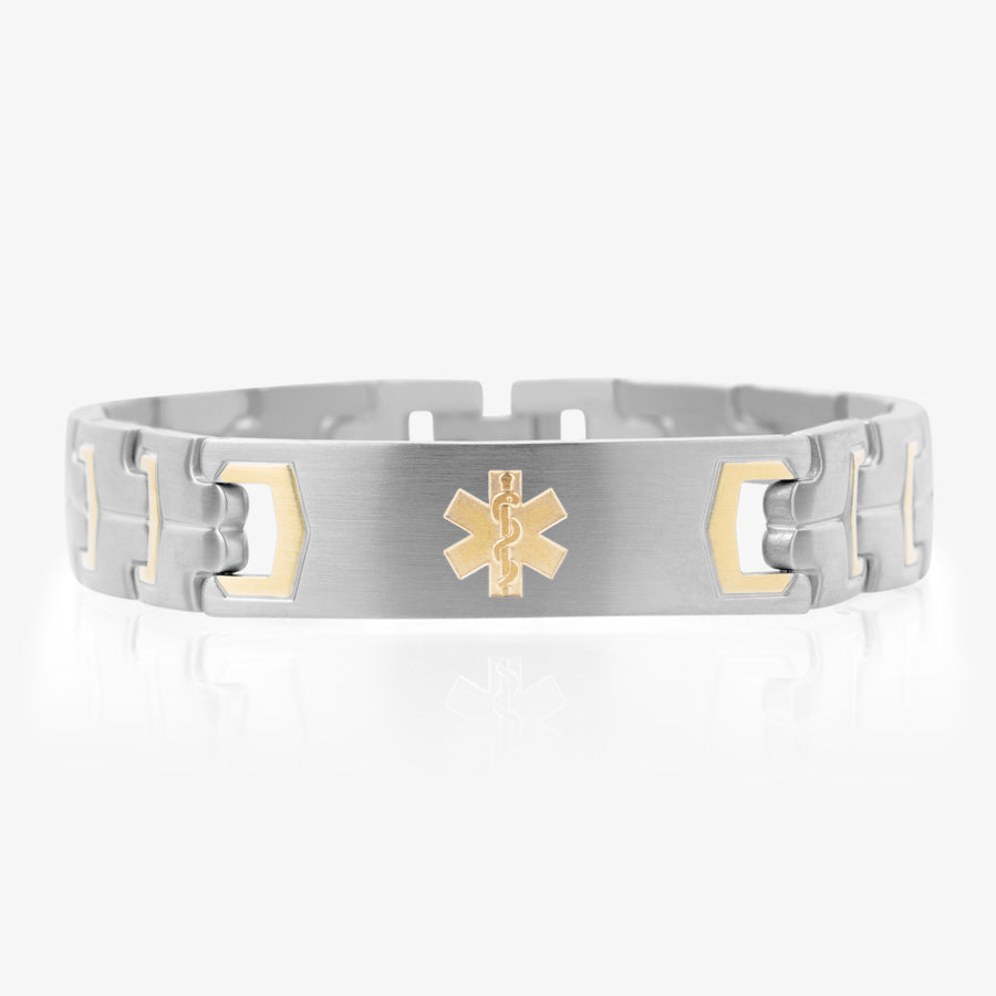 Stainless steel link medical ID bracelet with gold tone accents and gold tone medical symbol.