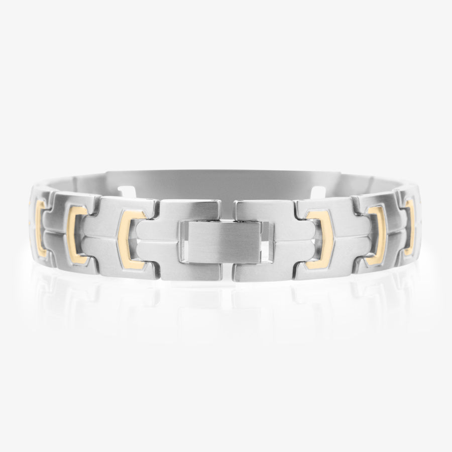 Stainless steel link medical ID bracelet with gold tone accents and stainless steel clasp.