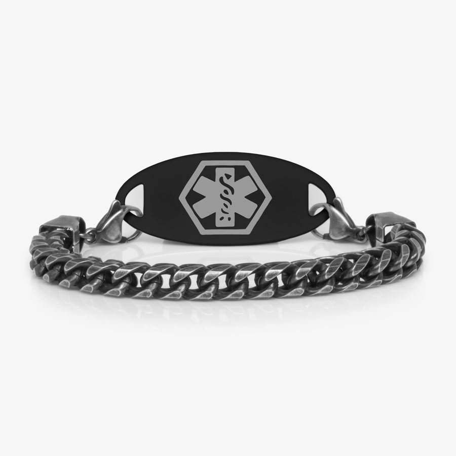 Stainless steel woven chain with antique finish paired with black sandblasted medical ID tag with charcoal medical caduceus symbol at the center.