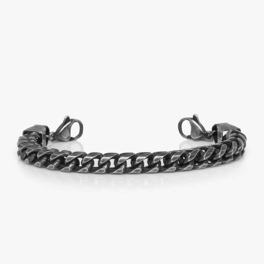 Stainless steel woven chain with antique finished with antiqued lobster clasps at each end of the bracelet.