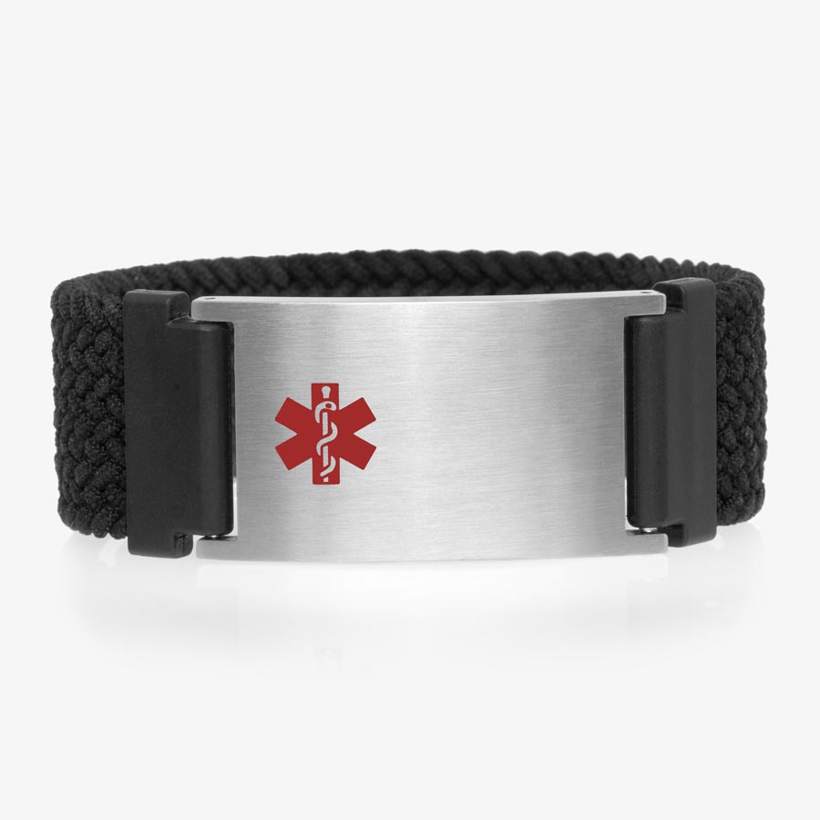 Black woven stretch medical ID bracelet with oversized, stainless steel medical ID tag with red medical caduceus symbol.