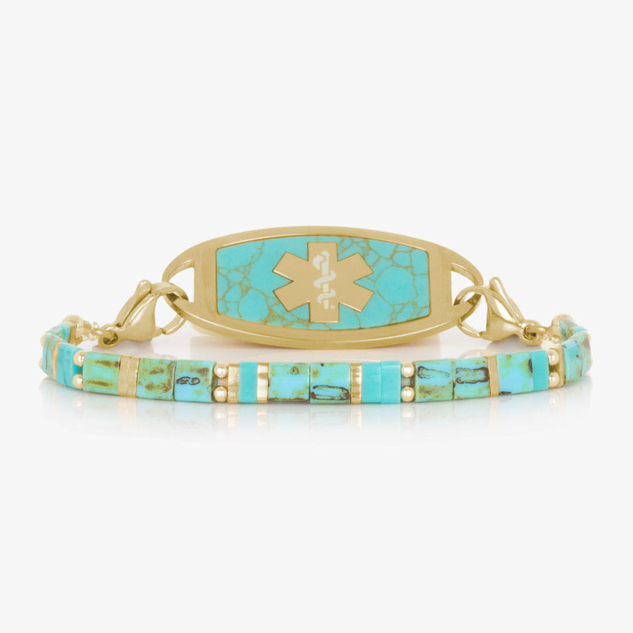 Turquoise and gold tone beaded stretch medical alert bracelet paired with gold tone stainless steel ID tag with turquoise inlay and gold tone medical caduceus symbol.