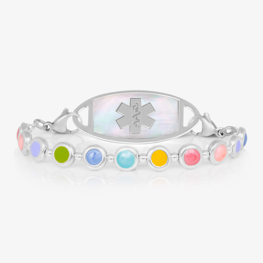 Colorful enamel inlay on silver tone beads strung on jewelry elastic paired with stainless steel and mother of pearl medical ID tag