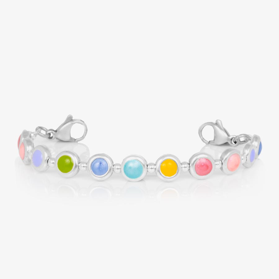 Colorful enamel inlay on silver tone beads strung on jewelry elastic with stainless steel lobster clasps at each end of the bracelet.