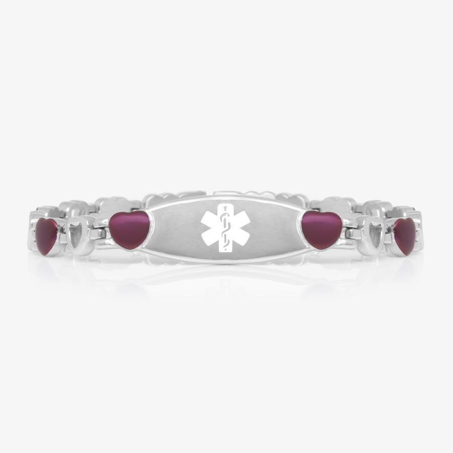 Stainless steel and merlot toned heart shaped links in an open and closed heart pattern attached to a stainless steel ID tag with white medical symbol.