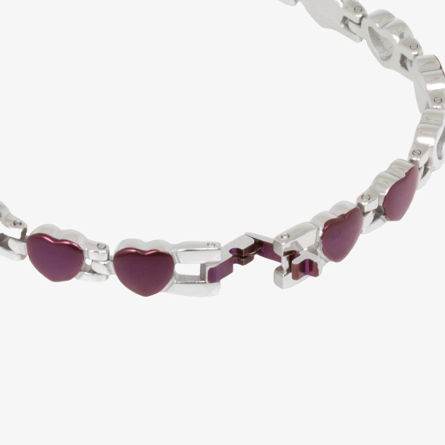 Stainless steel and merlot toned heart shaped links in an open and closed heart pattern with &quot;L&quot; shaped clasp opened.