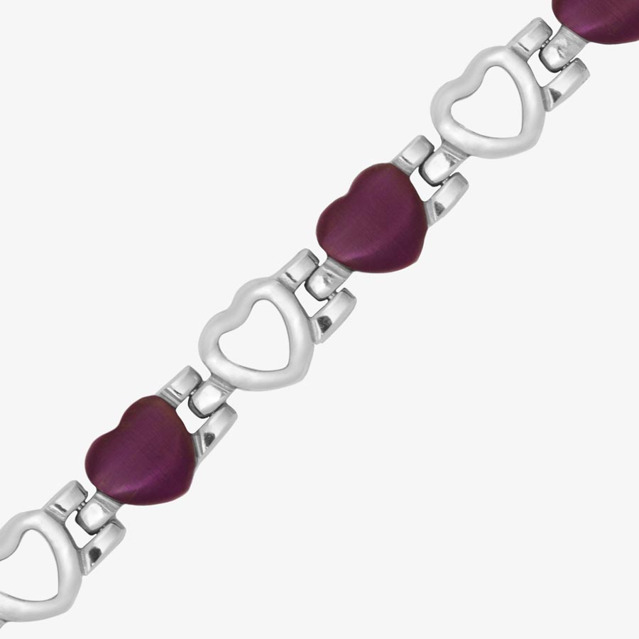 Detailed photo of stainless steel and merlot toned heart shaped links in an open and closed heart pattern.