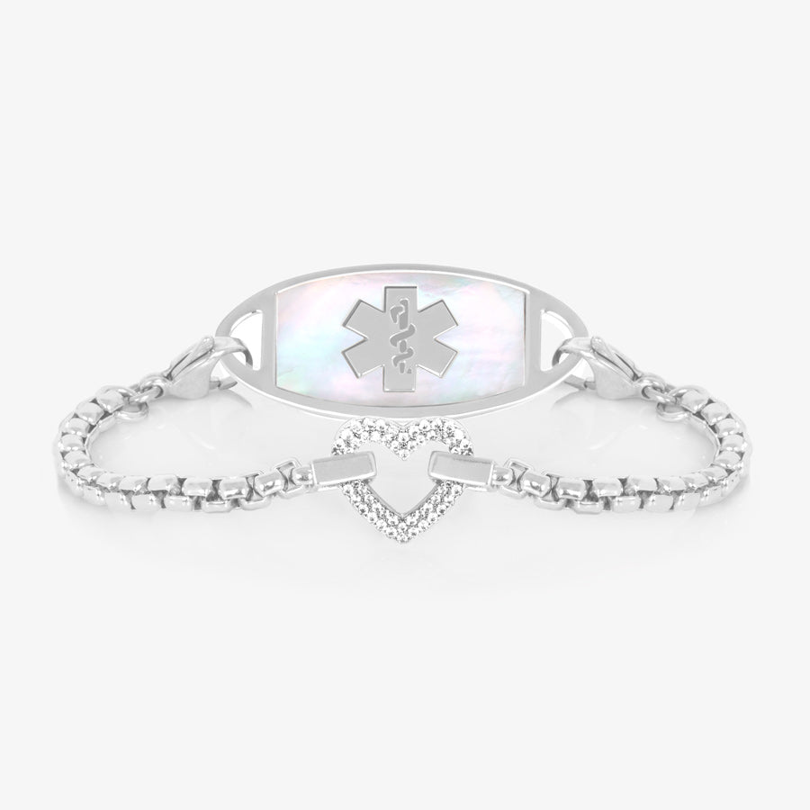 Silver medical ID bracelet chain with cute heart charm and stainless steel medical ID tag with white medical symbol