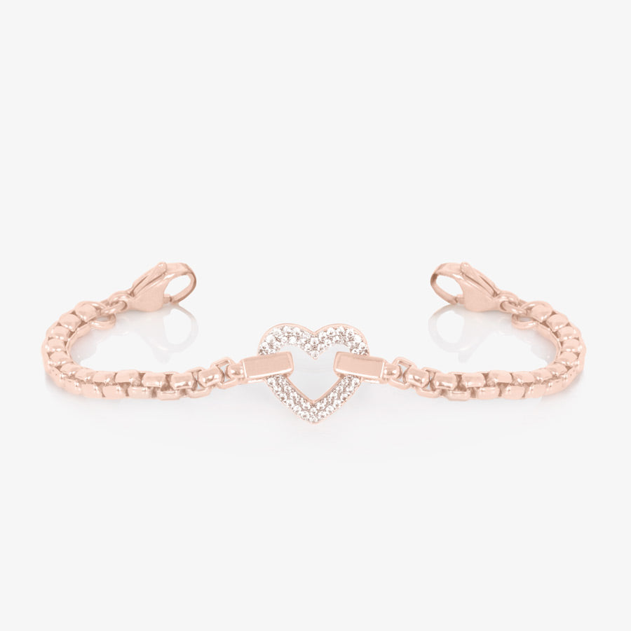 Medical ID alert chain in rose gold with crystal heart charm at the center and two lobster clasps that can attach to a medical ID tag