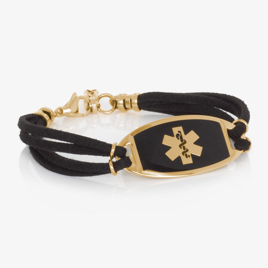 Black suede medical ID bracelet with gold accents and black with gold medical ID alert tag